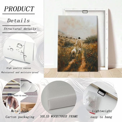 Jesus Leaves the 99 Sheep Canvas Wall Art Jesus and Lamb Painting Wall Decor Picture The Lost Sheep Posters Prints Christian Baptism gifts for Living Room Bedroom Prayer Home Decor 16x24 In canvas