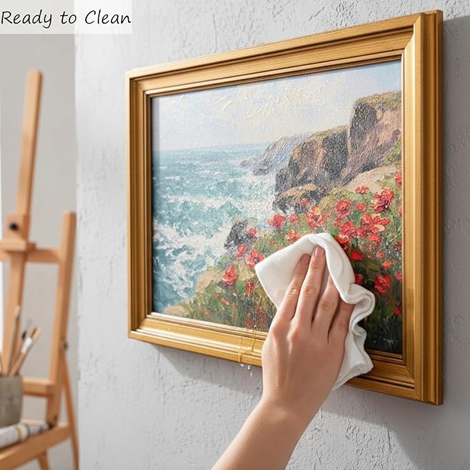 Vintage Gold Framed Coastal Wildflowers Canvas Wall Art, Cliff Landscape Poster Print Artwork, Nature Ocean Wave Painting Picture Wall Decor, for Living Room, Bedroom, Home Decoration, 9x11in