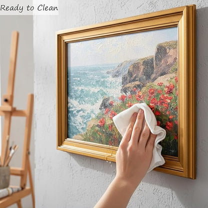 Vintage Gold Framed Coastal Wildflowers Canvas Wall Art, Cliff Landscape Poster Print Artwork, Nature Ocean Wave Painting Picture Wall Decor, for Living Room, Bedroom, Home Decoration, 9x11in