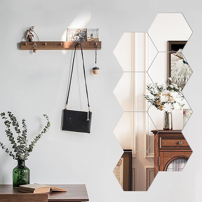 LXCREAT Hexagon Self Adhesive Stick on Mirror for Wall, Small Unbreakable Acrylic Mirrors Tiles 11.8x11.8 Inch 4PCS, Flexible Full Length Peel and Stick Mirror for Bathroom Gym Home Door Decor
