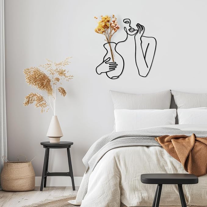 Pelopy Black Metal Wall Decor, Abstract Woman Wall Art, Minimalist Line Vase Decor, Modern Aesthetic Metal Women Art for Home Bedroom Bathroom Living Room