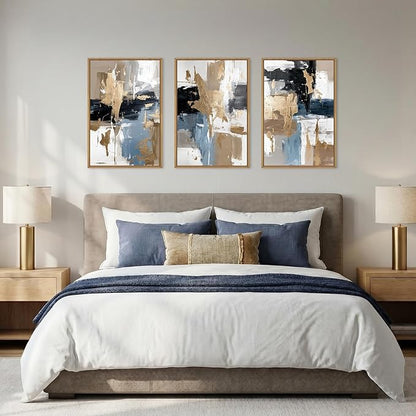KAIRNE Blue and Gold Abstract Framed Canvas Wall Art Set,Minimalist Brush Strokes Wall Decor,Modern Textured Art Prints,Neutral Brown Black Artwork for Living Room,Bedroom,Farmhouse,Office-24 x36 x3