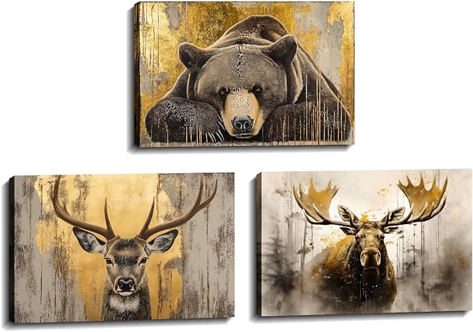 Large Woodland Animal Canvas Wall Art 3 Piece - Moose Elk Bear Picture Vintage Gold Painting Wildlife Prints Wall Decor Framed for Living Room Bedroom Cabin(Art-1,24.00"x36.00"x3P)