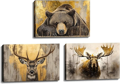 Woodland Animal Canvas Wall Art 3 Piece - Moose Elk Bear Picture Vintage Gold Painting Wildlife Prints Wall Decor Framed for Living Room Bedroom Cabin(Art-1,11.00"x14.00"x3P)