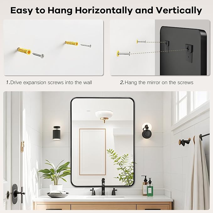 Black Metal Framed Bathroom Mirror - 30x36 Inch Black Round Corner Bathroom Mirror for Over Sink, Matte Rectangle Vanity Mirror for Restroom, Entryway, Hanging Vertically or Horizontally