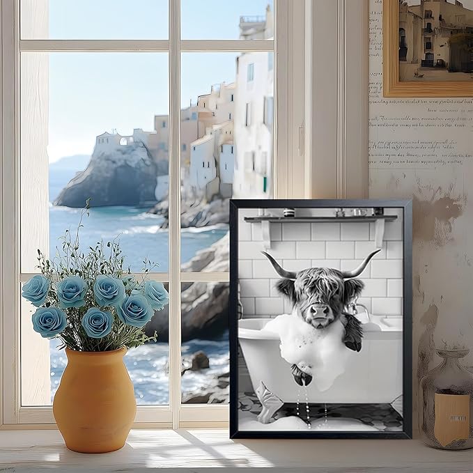 Highland Cow Bathroom Wall Art, Cute Black and White Animal Wall Decor Painting, Highland Cow in Bathtub Farmhouse Canvas Print Picture, Funny Bathroom Restroom Decor 16x24 Inch Wood Framed
