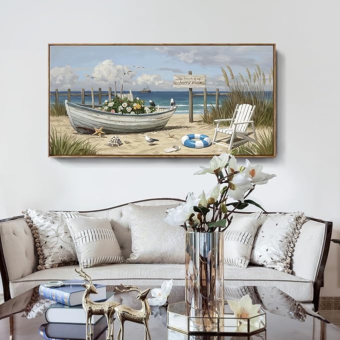Large Framed Modern Canvas Wall Art, Natural Coastal Beach Landscape Print, Blue Seaside Scenery Decor Painting For Living Room Bedroom Dining Room Study Room, Ready To Hang 48X24 Inch