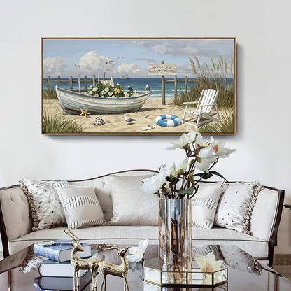 Large Framed Modern Canvas Wall Art, Natural Coastal Beach Landscape Print, Blue Seaside Scenery Decor Painting For Living Room Bedroom Dining Room Study Room, Ready To Hang 48X24 Inch