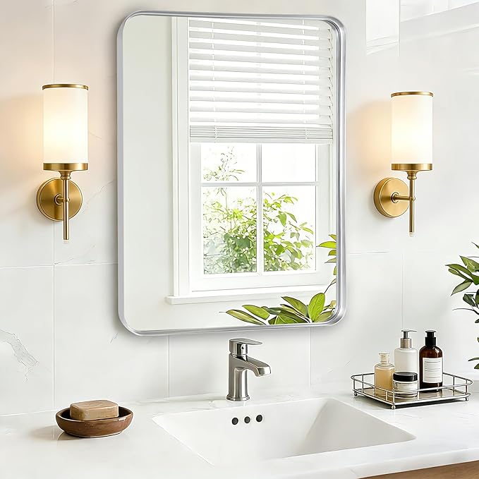 Bathroom Mirror Wall - 30x36 Inch Silver Framed Rectangular Mirror for Bathroom Over Sink, Brushed Metal Frame Mirror for Restroom, Entryway