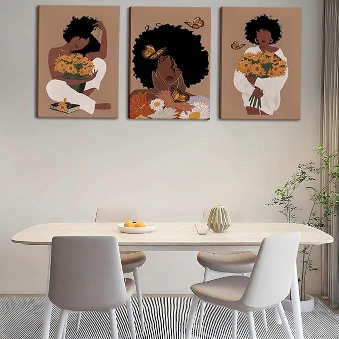 Black Woman Canvas Wall Art Set of 3 - Boho Black Girl Sunflower Posters African American Pictures Fashion Flower Art Prints for Nordic Minimalist Room Bedroom Wall Decor 16”x24”x3 Framed