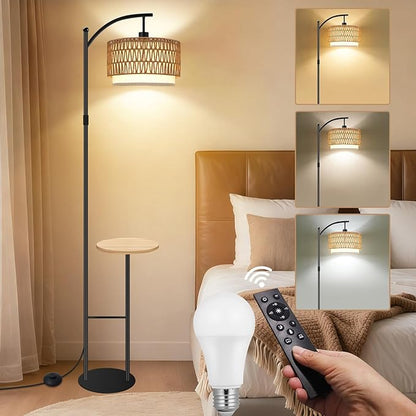 Vinaco Rattan Boho Floor Lamp with Table, Dimmable Floor Lamp with Remote Control Foot Switch, Wicker Tall Lamps 3 Color Temperatures, Adjustable Height Standing Lamps for Living Room Bedroom Office