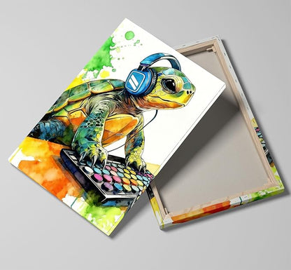 Graffiti DJ Sea Turtle Canvas Wall Art Modern Funny Print 16x24 inch Green Tortoise with Headphones Teen Boy Gaming Room Cool Framed Animal Decor Kids Bedroom Gift Decor Men Office Home Poster