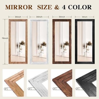 Full Length Mirror 76"x34" Solid Wood Frame Floor Large Mirror for Living Room, Bedroom Hanging or Leaning Wall-Mounted, Light Brown