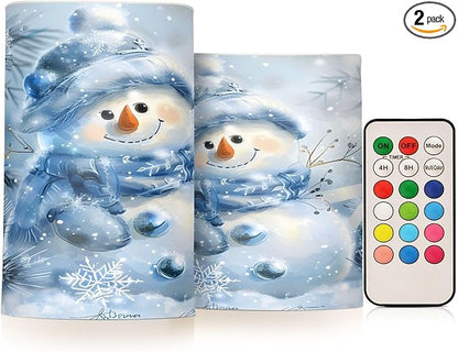 ALAZA Blue and Silver Christmas Snowman Flickering Flameless Candles Battery Operated with Remote Timer,Tea Light Candles LED Pillar Votive Candles Set of 2 for Outdoor Indoor Decorations