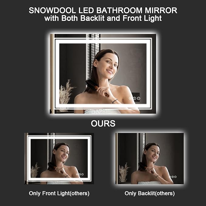 Snowdool LED Bathroom Mirror, 60"X40" with Front and Backlit, Anti-Fog, Large Bathroom Vanity Mirror for Wall, Memory Function, Stepless Dimmable, Tempered Glass (Horizontal/Vertical)