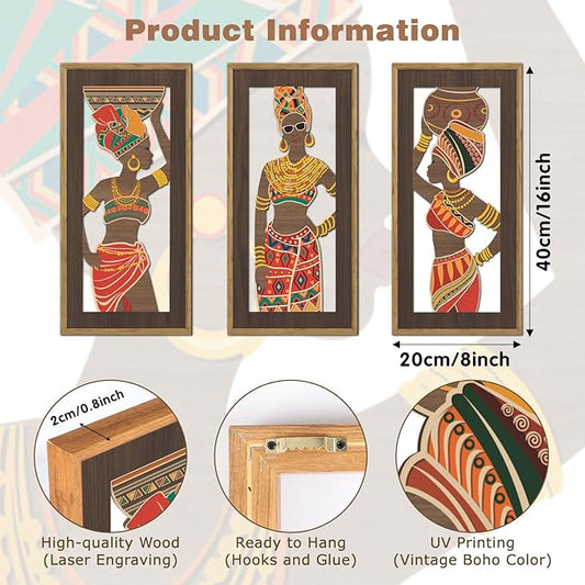 KAIRNE African American Wall Sign,Southwestern Orange Wooden Wall Art,Set of 3(8”X16”) Framed,Black Women Wood Bohemian Hanging Decor,Boho African Tribe Artwork for Living Room Bedroom Decor