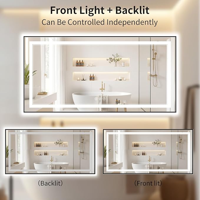 30"x60" LED Bathroom Mirror with Lights, Front & Backlit, Anti-Fog, Dimmable, 3 Color Temperature, CRI 90+, LED Mirror for Bathroom with Premium Full Aluminum Frame, Touch Control with Memory