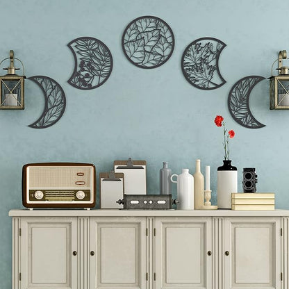 Jetec 5 Pcs Moon Phase Wall Art Decor Wall Pediments Hanging Wooden Phase Spiritual Bedroom Nordic Boho Lunar Aesthetic Art for Living Room Dorm Apartment Ornament(Black,10.6 Inch,Botanical)