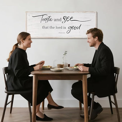 Taste And See That The Lord Is Good Bible Verses Framed Wall Sign For Family Living Room Kitchen Farmhouse Dining Room Vintage Boho Wall Art Decoration For Living Room Bedroom, 40 X 15 Inch, White