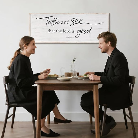 Taste And See That The Lord Is Good Bible Verses Framed Wall Sign For Family Living Room Kitchen Farmhouse Dining Room Vintage Boho Wall Art Decoration For Living Room Bedroom, 40 X 15 Inch, White
