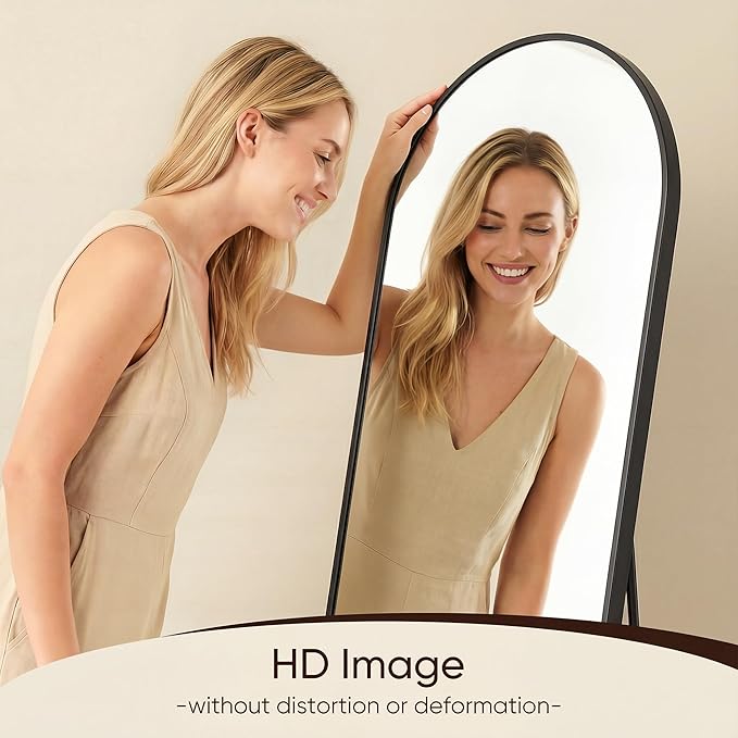 Antok 64" x21” Arched Full Length Floor Mirror, Black Aluminum Frame, Free Standing/Wall Mount/Leaning for Bedroom, Living Room, Dressing Room