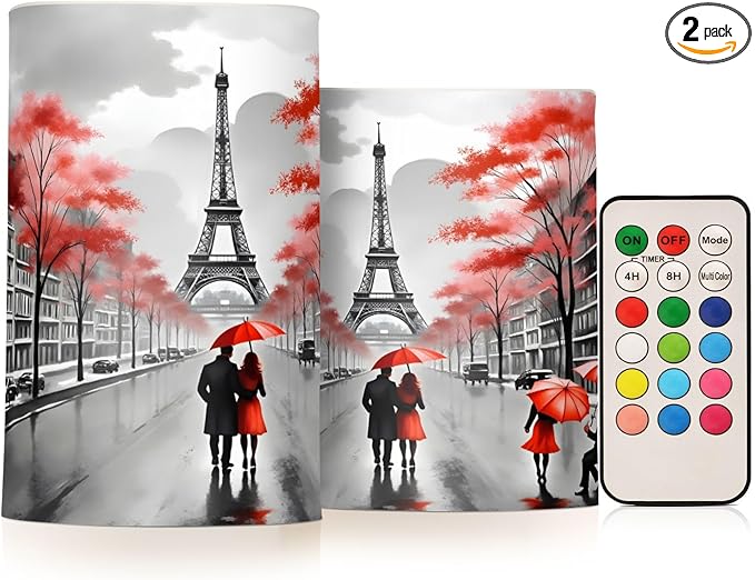 ALAZA France Paris Eiffel Tower Flickering Flameless Candles Valentines Day Battery Operated with Remote Timer,Tea Light Candles LED Pillar Votive Candles Set of 2 for Outdoor Indoor Decorations