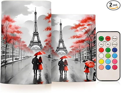 ALAZA France Paris Eiffel Tower Flickering Flameless Candles Valentines Day Battery Operated with Remote Timer,Tea Light Candles LED Pillar Votive Candles Set of 2 for Outdoor Indoor Decorations