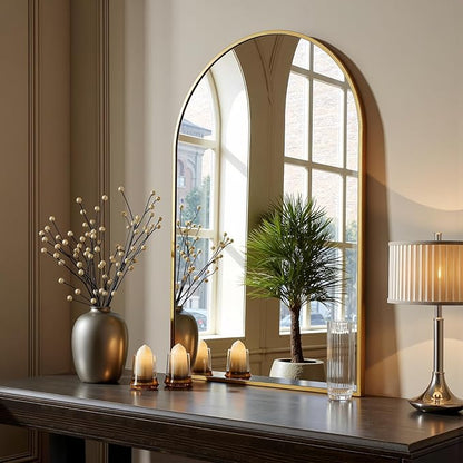 Dewfig Arched Wall-Mounted Mirror, 26"x38" Arch Bathroom Mirror, Gold Vanity Mirror for Wall Décor, Wall Mirror with Metal Frame for Bedroom, Entryway, Living Room, Brushed Gold