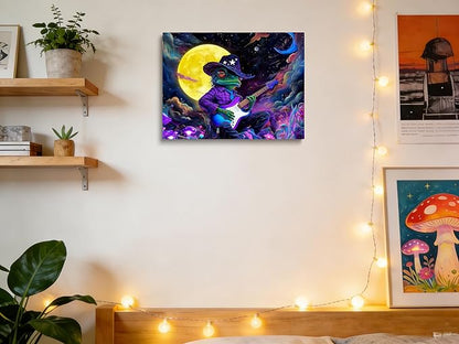 12x16 Trippy Space Purple Frog Canvas Wall Art, Watercolor Framed Outer Funny Guitar Player Kids Sci-fic Room Decor Teen Boy Bedroom Cool Posters Children Home Prints Painting for Living Room Bathroom