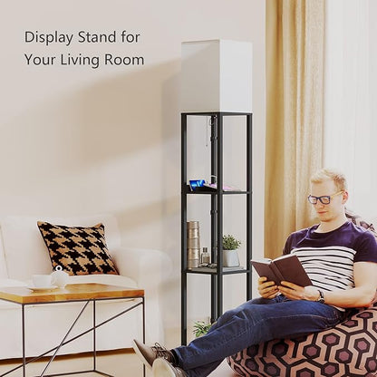 SUNMORY Shelf Lamp with Remote Control, Stepless Color Temperature & Dimmable, Floor Lamp with Shelves with 2 Usb Charging Ports and 2-Hole Socket, Solid Wood Tall Lamps for Living Room, Bedroom，Black