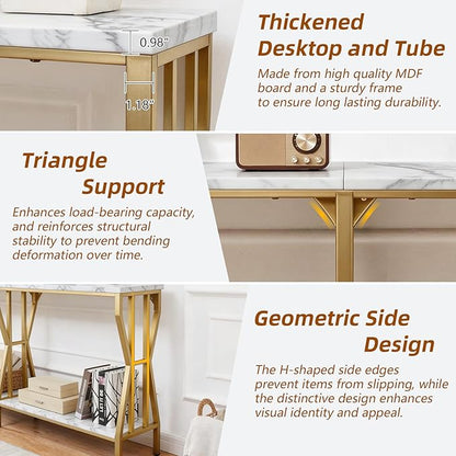 HOMISSUE Sofa Console Table, 63" Extra Long Sofa Table with 2-Tier Storage, Industrial Narrow Console Tables Behind Couch, Hallway Table for Entryway, Living Room，Gold