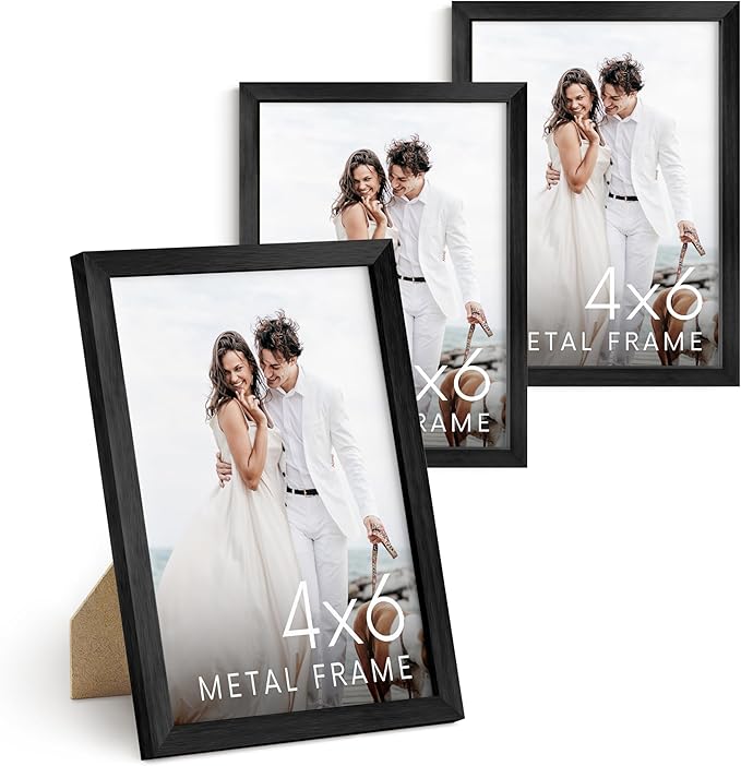 HAUS AND HUES 4x6 Black Metal Picture Frames - Black Frames 4X6 - Features Premium Aluminum, Vertical Hanging, Easel Back for Tabletop, Home, Office (4x6 in, Black, Set of 3)