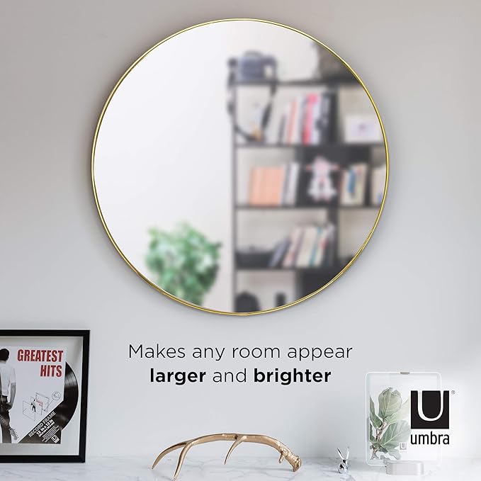 Umbra Hubba Round Wall Mirror with Metallic Frame, Modern Style for Bathroom, Entryway, Living Room and More, 34-Inch, Brass