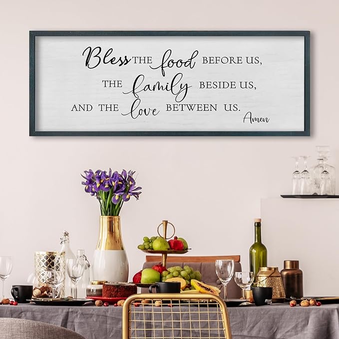 FZMHASLWW Dining Room Wall Decor Christian Blessing Bless the Food Family Love Bible Verse Sign 32"×12" Farmhouse Scripture Prayer for Religious Kitchen Rustic Framed Wall Hanging Art (Black)