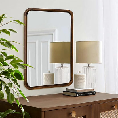Wood Bathroom Mirror for Wall,Rectangle 24 x 36 inch Hanging Vanity Brown Tempered Mirrors with Rounded Corner for Living Room,Bedroom,Entryway (Walnut, 24x36 Inch)