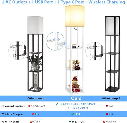 Mlambert Modern Shelf Floor Lamp with Wireless Charger & Fast Charging USB Ports & Type C Port & 2 Power Outlets,3 Tier Storage Lamp for Bedroom,White