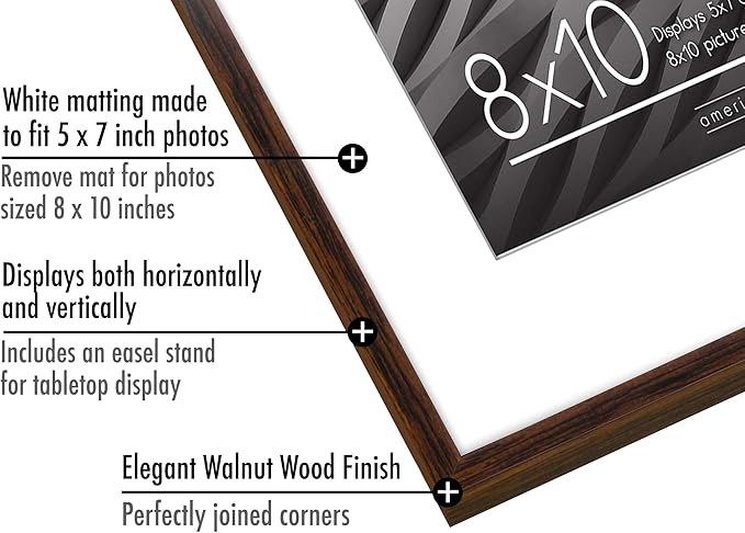 Americanflat 8x10 Picture Frame with Shatter-Resistant Glass - Use as 5x7 Frame with Mat or Display 8x10 Photo Without Mat - Streamline Collection - Picture Frames for Tabletop and Wall - Walnut