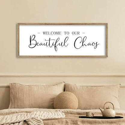 FZMHASLWW Welcome To Our Beautiful Chaos Sign Wall Decor 32"×12" Family Wooden Plaque for Living Room Entryway Hanging Wall Art (Wood)