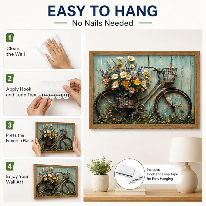 Framed Rustic Farmhouse Daisy Wall art Vintage Bicycle Flowers Painting Picture Wall Decor Flower Still Life Poster Print Artwork for Bathroom Living Room Bedroom Home Decoration