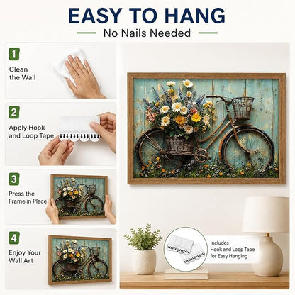 Framed Rustic Farmhouse Daisy Wall art Vintage Bicycle Flowers Painting Picture Wall Decor Flower Still Life Poster Print Artwork for Bathroom Living Room Bedroom Home Decoration