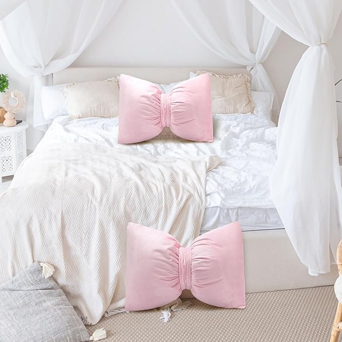 Beeveer Pink 2 Pcs Bow Pillow 12 x 18 Inch Coquette Throw Pillows Large Bow Shaped Velvet Cushion Coquette Decorative for Girls Room Bed Sofa Couch Car Decorations