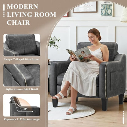 MALOL PU Leather Accent Chair, Mid-Century Modern Living Room Armchair Sofa with Removable Cushions, Solid Wood Frame & Stitched Armrest Design, Bedroom Chair with Plastic Legs, Black