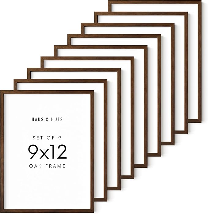 HAUS AND HUES Walnut Wood 9x12 Picture Frames - Set of 9, Natural Frames with Plexiglass and Hanging Hardware (Walnut Oak Frame)