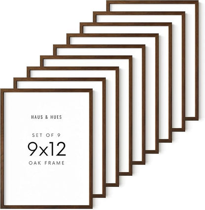 HAUS AND HUES Walnut Wood 9x12 Picture Frames - Set of 9, Natural Frames with Plexiglass and Hanging Hardware (Walnut Oak Frame)