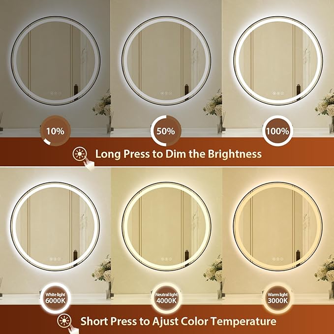 30 Inch Round Black Framed LED Bathroom Mirror with Lights, Built-in Bluetooth Speaker,Tempered Glass,Dimmable Lighted Bathroom Vanity Mirror with 3 Colors, Backlit + Frontlit, Memory, Anti-Fog