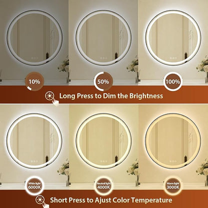 30 Inch Round Black Framed LED Bathroom Mirror with Lights, Built-in Bluetooth Speaker,Tempered Glass,Dimmable Lighted Bathroom Vanity Mirror with 3 Colors, Backlit + Frontlit, Memory, Anti-Fog
