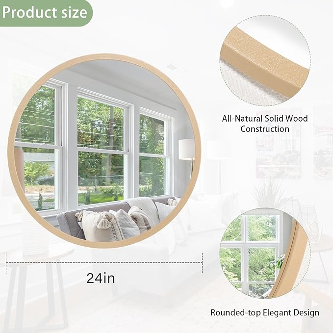 JJUUYOU Large Round Mirrors for Wall Circular Mirror for Bathroom 24 Inc Wood Framed Round Mirror for Bathroom Make up Mirror for Living Room Wall Mounted Bedroom Dorm