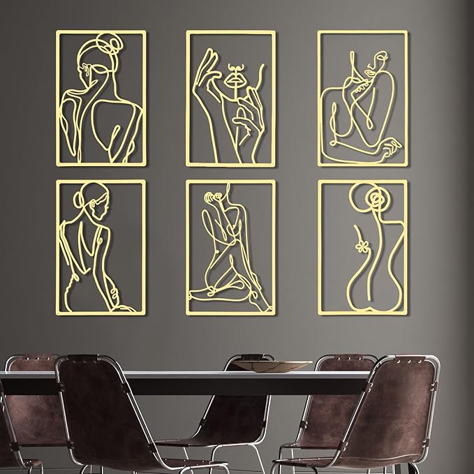 Cindeer 6 Pcs Metal Wall Decor Metal Minimalist Abstract Woman Wall Art Modern Minimalist Decor Aesthetic Female Hanging Art Large Single Line Wall Sculpture for Home Bedroom Living Room (Gold)
