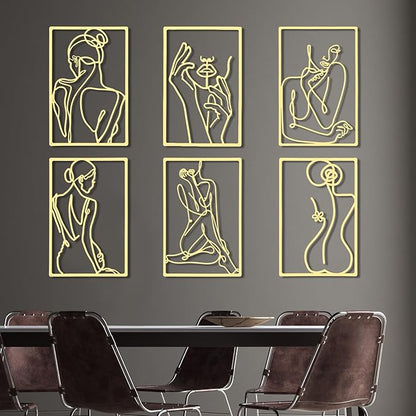Cindeer 6 Pcs Metal Wall Decor Metal Minimalist Abstract Woman Wall Art Modern Minimalist Decor Aesthetic Female Hanging Art Large Single Line Wall Sculpture for Home Bedroom Living Room (Gold)