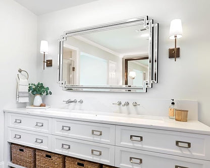 32" X 47" Large Bathroom Wall Mirror with Glass Pieces and Beveled Edge, Elegant Decorative Mirror for Wall Decor Living Room, Dining Room, Fireplace, Hang Horizontally or Vertically